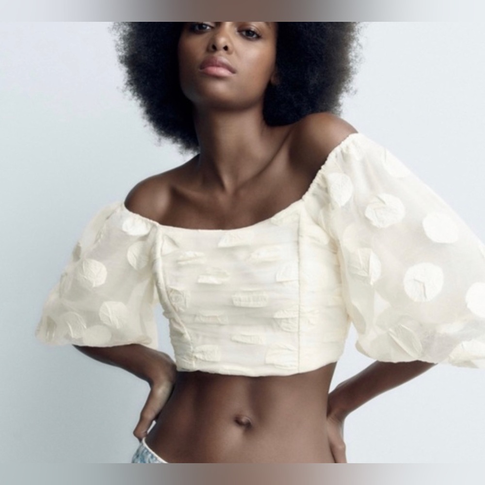 Zara Cream Polka Dot Balloon Sleeve Crop Top